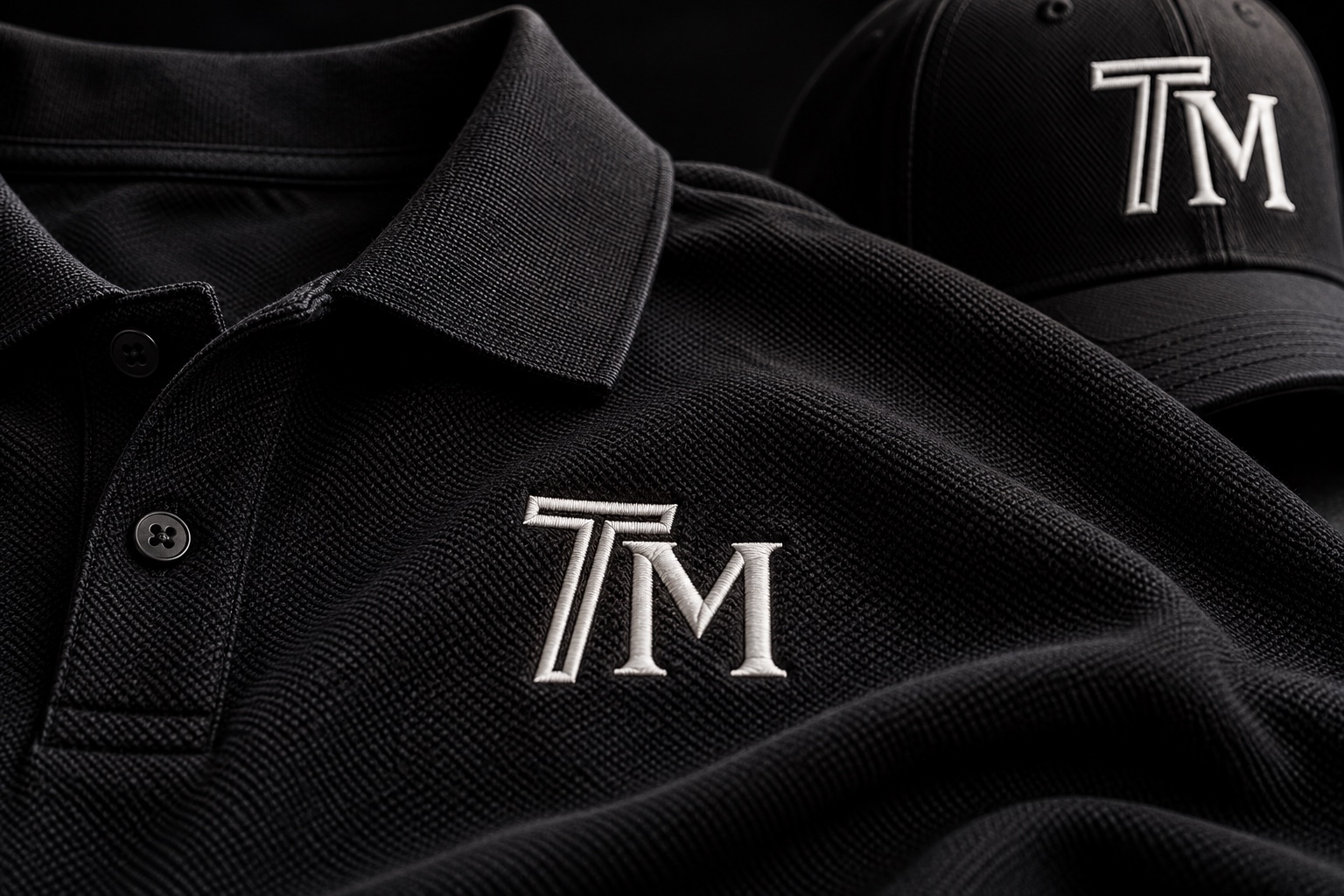 Close-up of a black polo with the TM logo embroidered in white, an example of custom dealership apparel