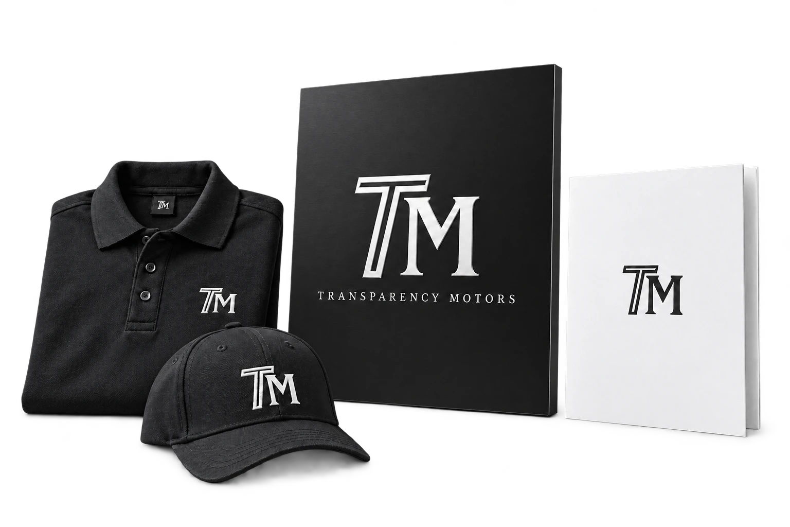 TM dealership sign, black polo, embroidered cap, and white presentation folder